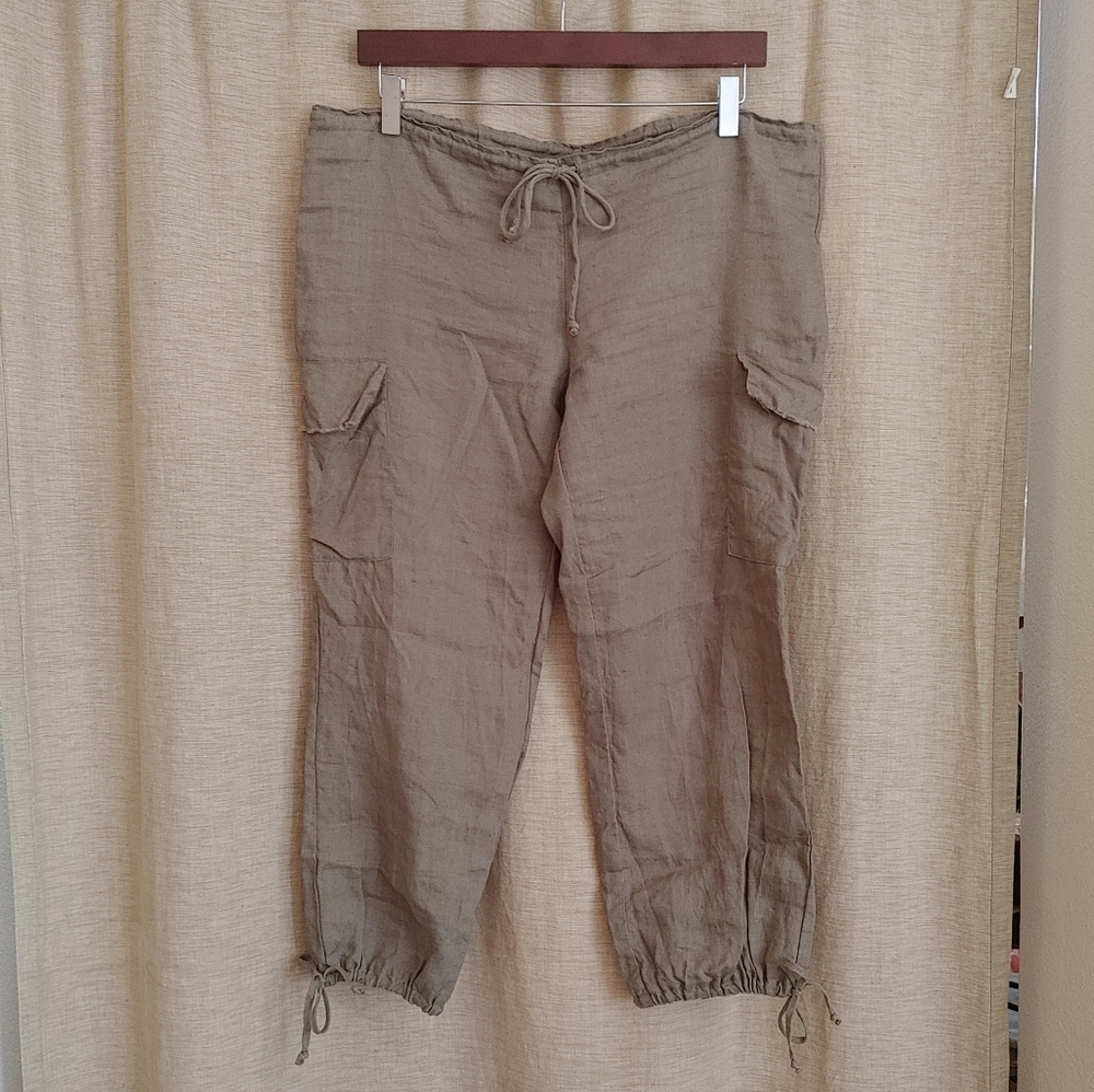 Olive Green 100% Linen Capri Pants/ Acrobat